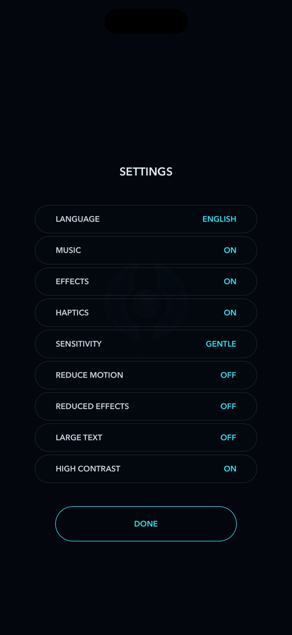 NELUVO accessibility settings